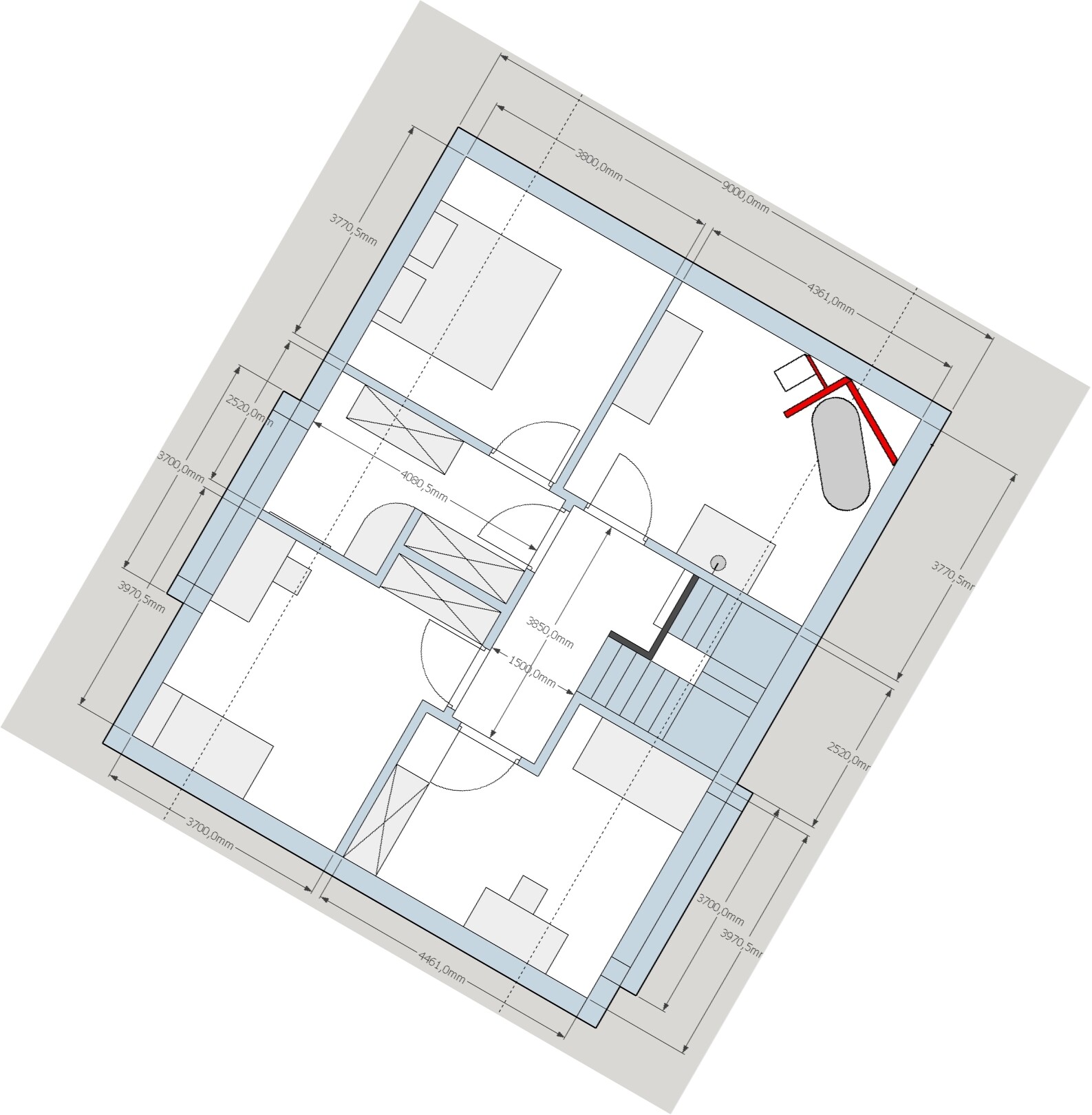Floor plan of an interior with rooms, doors, furniture, stairs; bathroom on the right with bathtub.