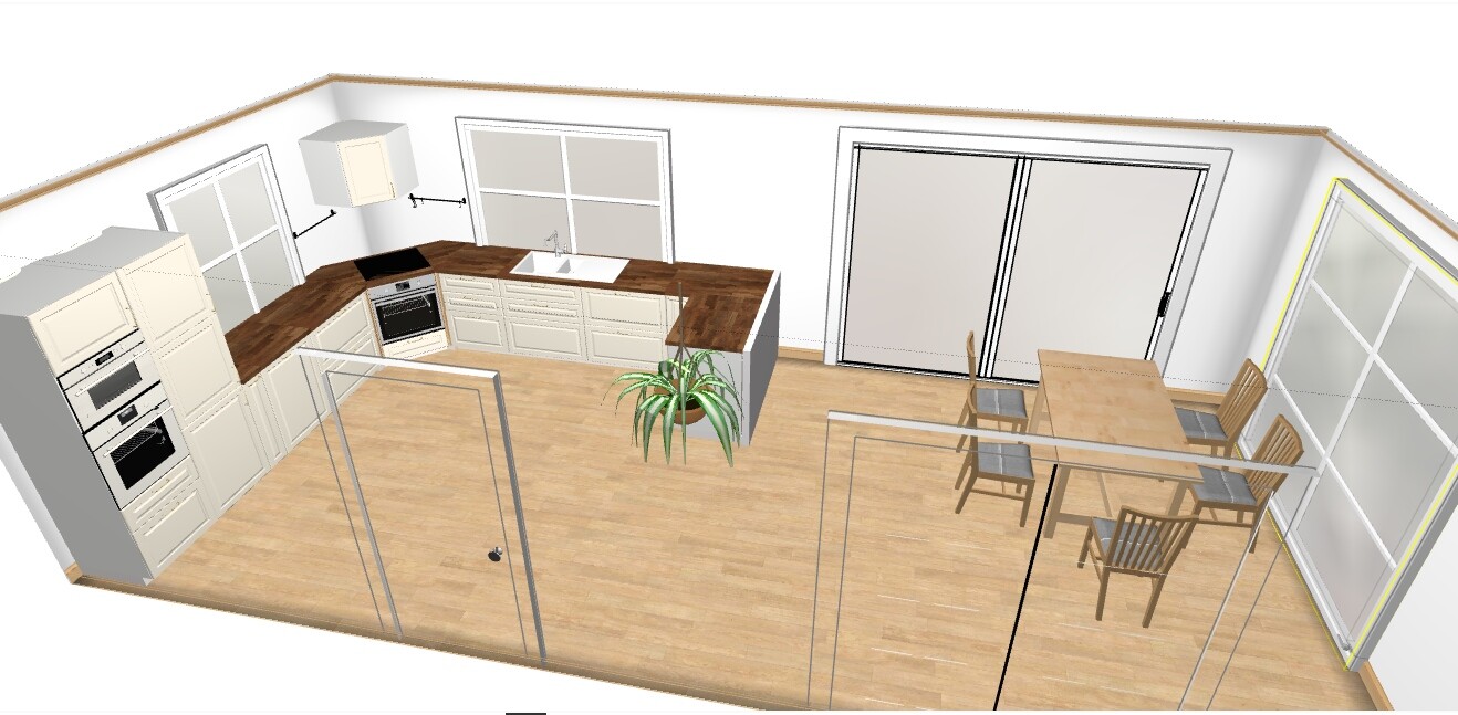 Open kitchen with wooden countertops, oven, sink; dining table and chairs; glass doors in the background.