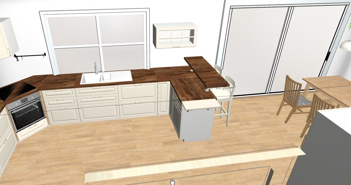 Modern kitchen with dark wooden countertop, island, sink, oven and dining table.