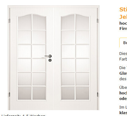 Two white doors with glass panels and metal handles, visible hinges.