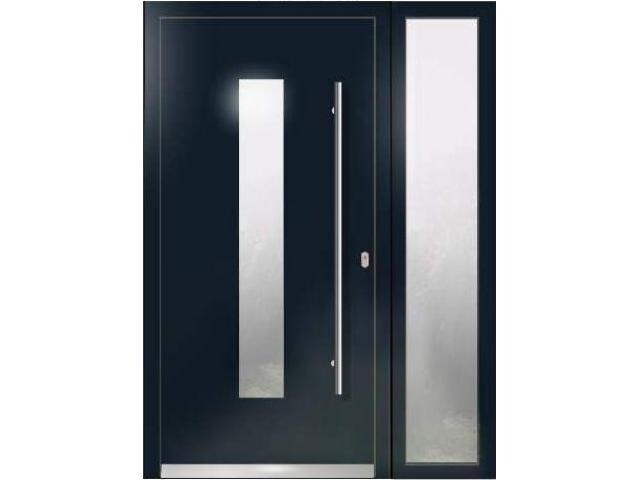 Dark blue entrance door with a narrow vertical glass insert and side glass panel.