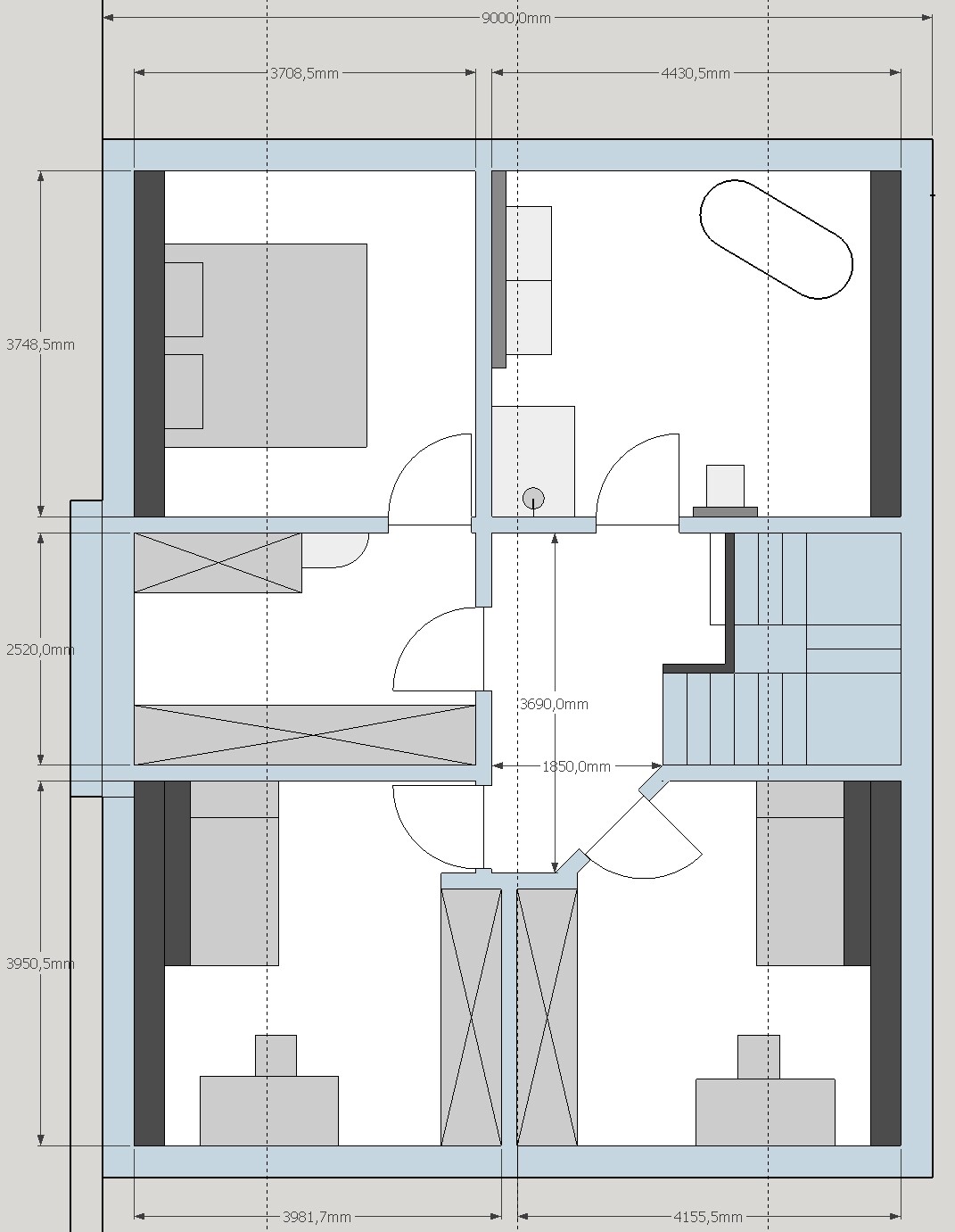 Floor plan of a building section with several rooms, doors, stairs, furniture, and size measurements.