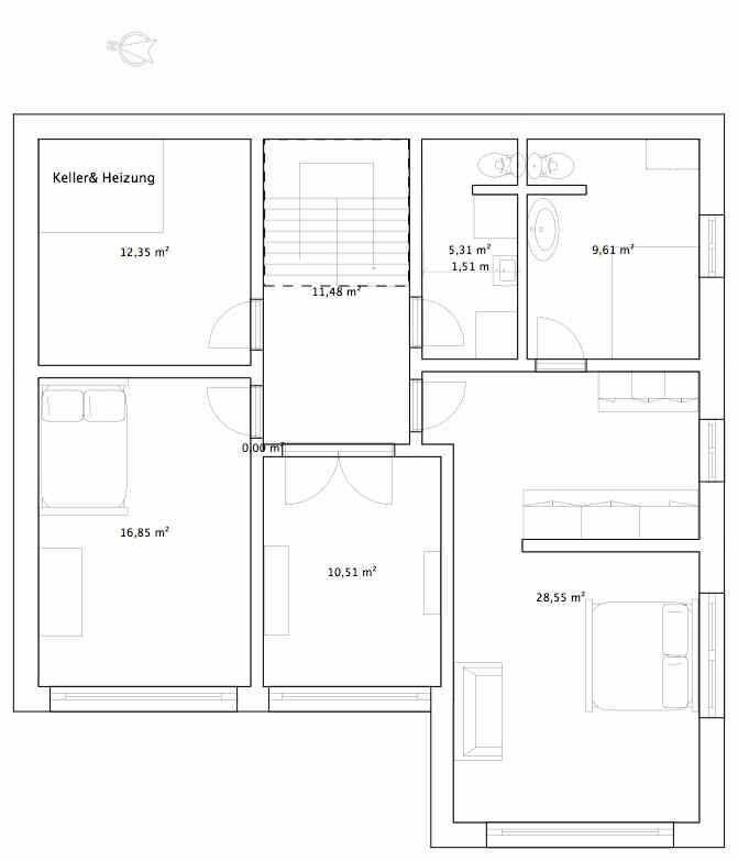 Floor plan of a house: several rooms, staircase, bathroom, kitchen, living room, basement & heating.