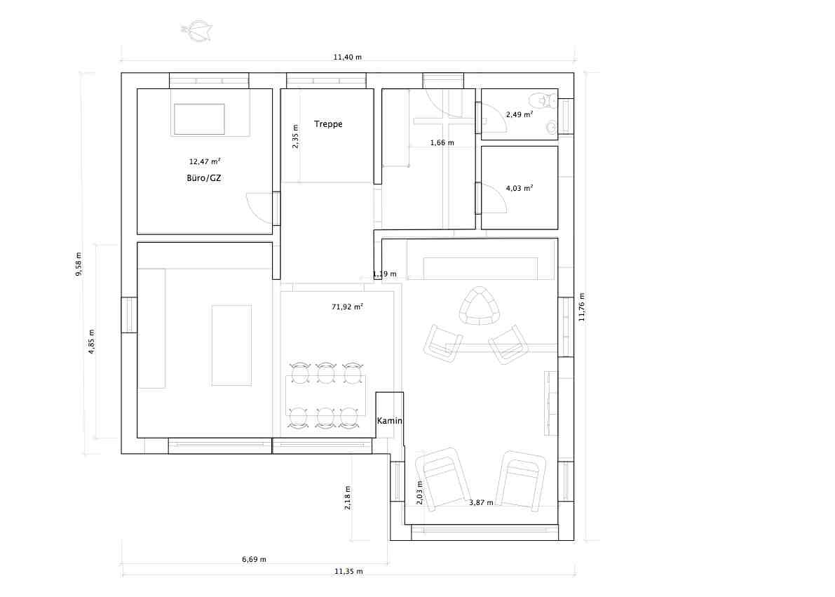 Floor plan of a house: living room with fireplace, dining area, office, stairs, bathroom.