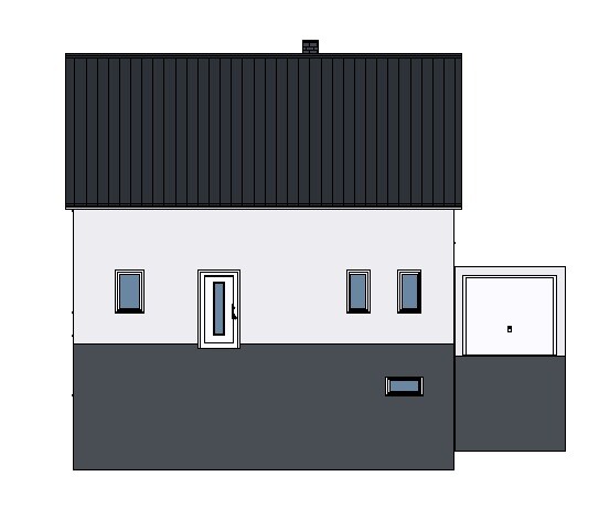 Two-story house with dark roof, gray facade, front door, windows, and garage.