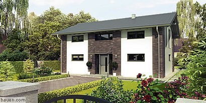 Modern front view of a two-story house with a gray facade and garden.
