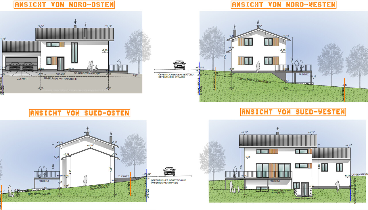 Four views of a modern detached house with garden, car, and trees nearby.