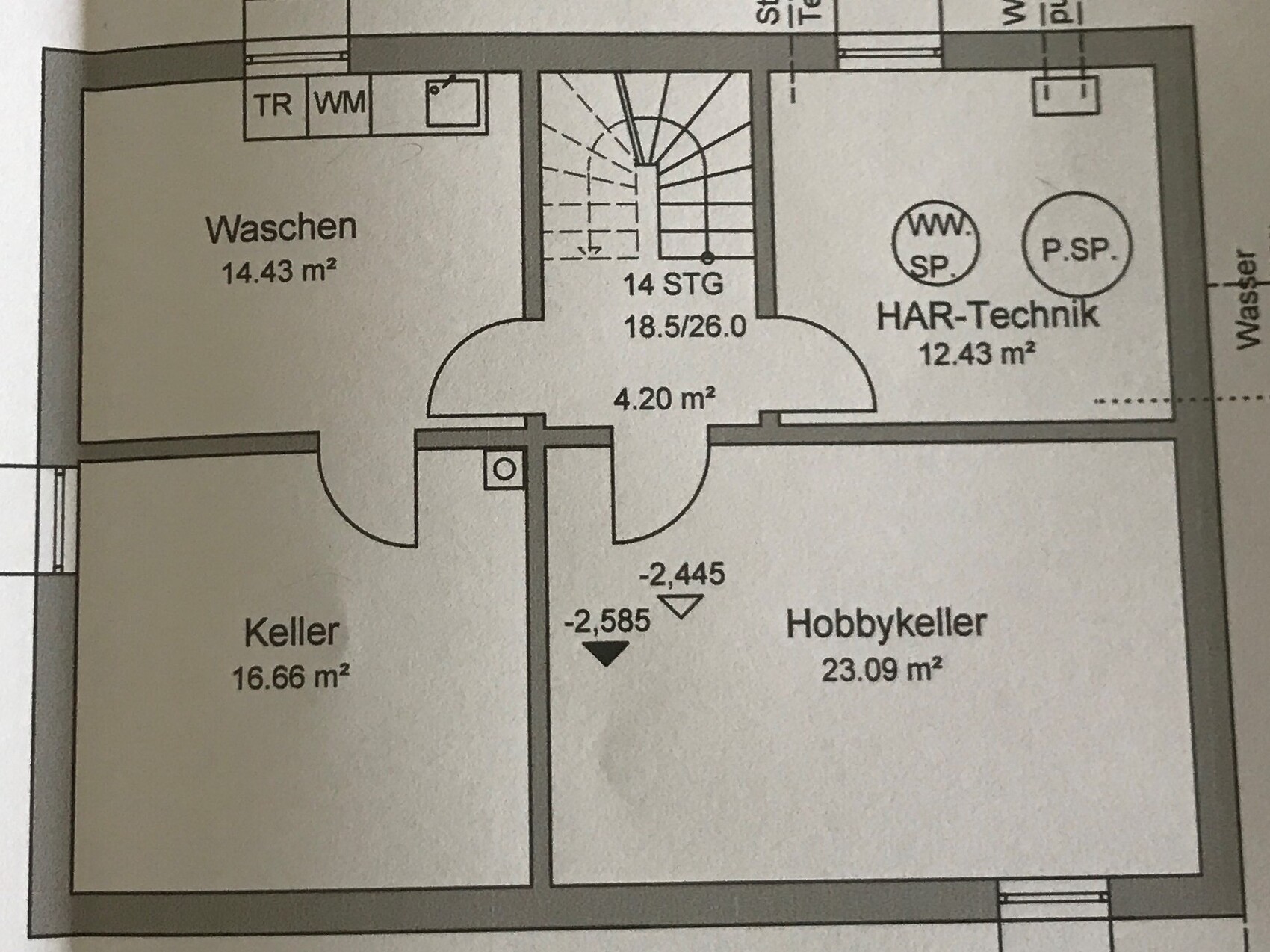 Basement floor plan with laundry, cellar, hobby room, utility/technical room, and central staircase.