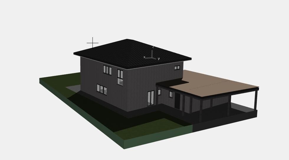 Isometric view of a modern, dark two-story house with extension on green plot.