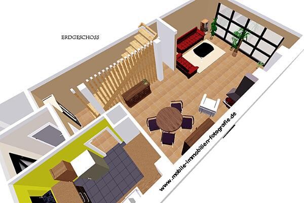 3D floor plan ground floor: bright living room with round dining table, dining area, and sofa
