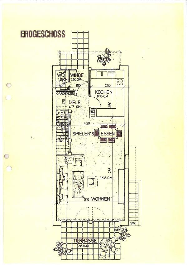 Ground floor plan with kitchen, dining area, living room, and terrace.