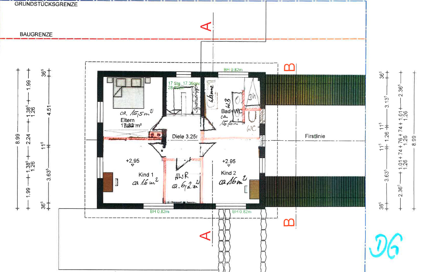 Grundriss eines Hauses: Eltern, Kind 1, Kind 2, Diele, Bad/WC; Grundstücks- und Baugrenze