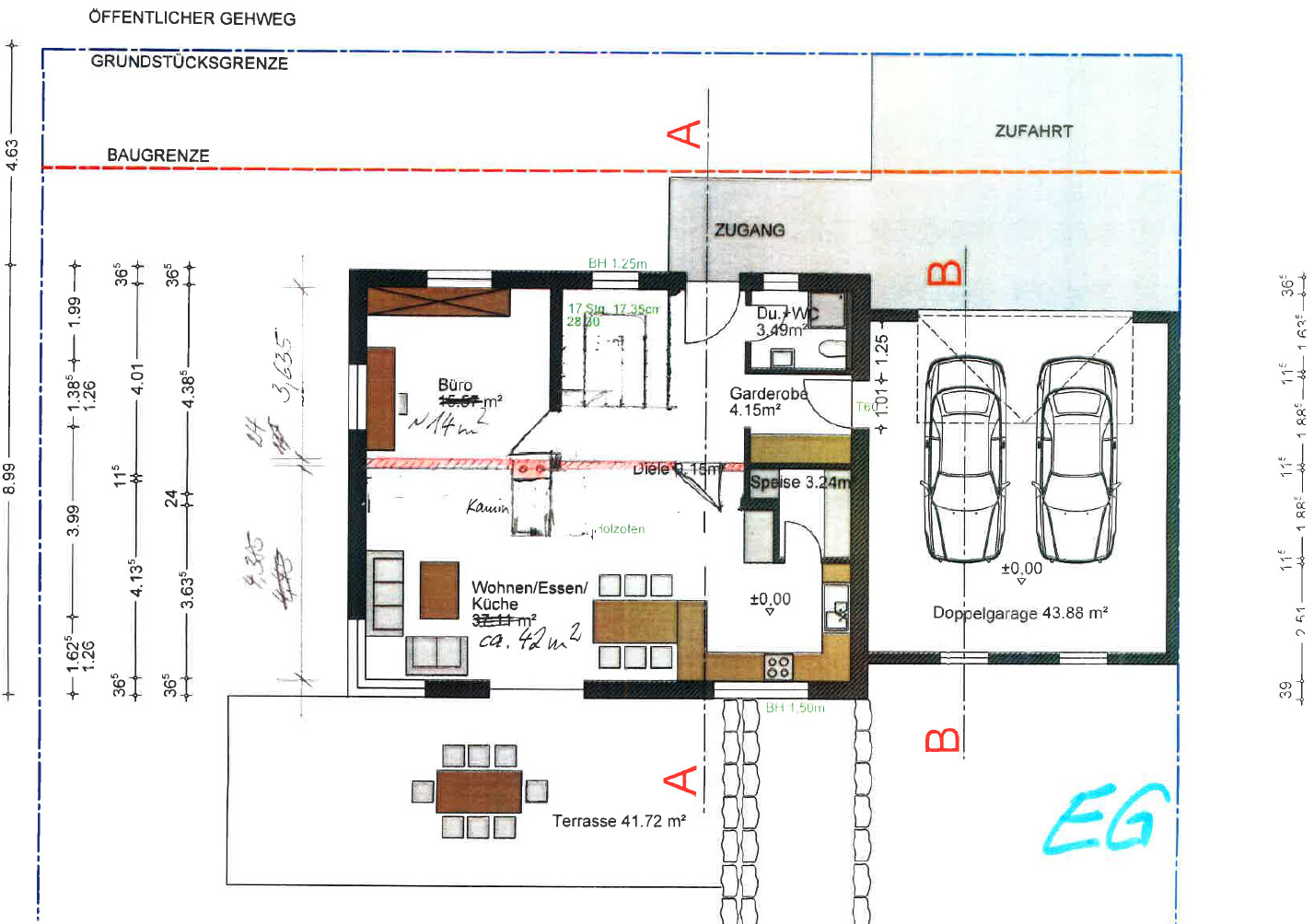Grundriss eines Hauses mit Doppelgarage, Terrasse, Wohn-/Ess-/Küche, Büro und Diele.