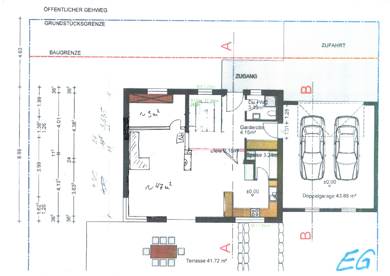 Grundriss eines Hauses mit Terrasse, Doppelgarage und offener Wohnküche.