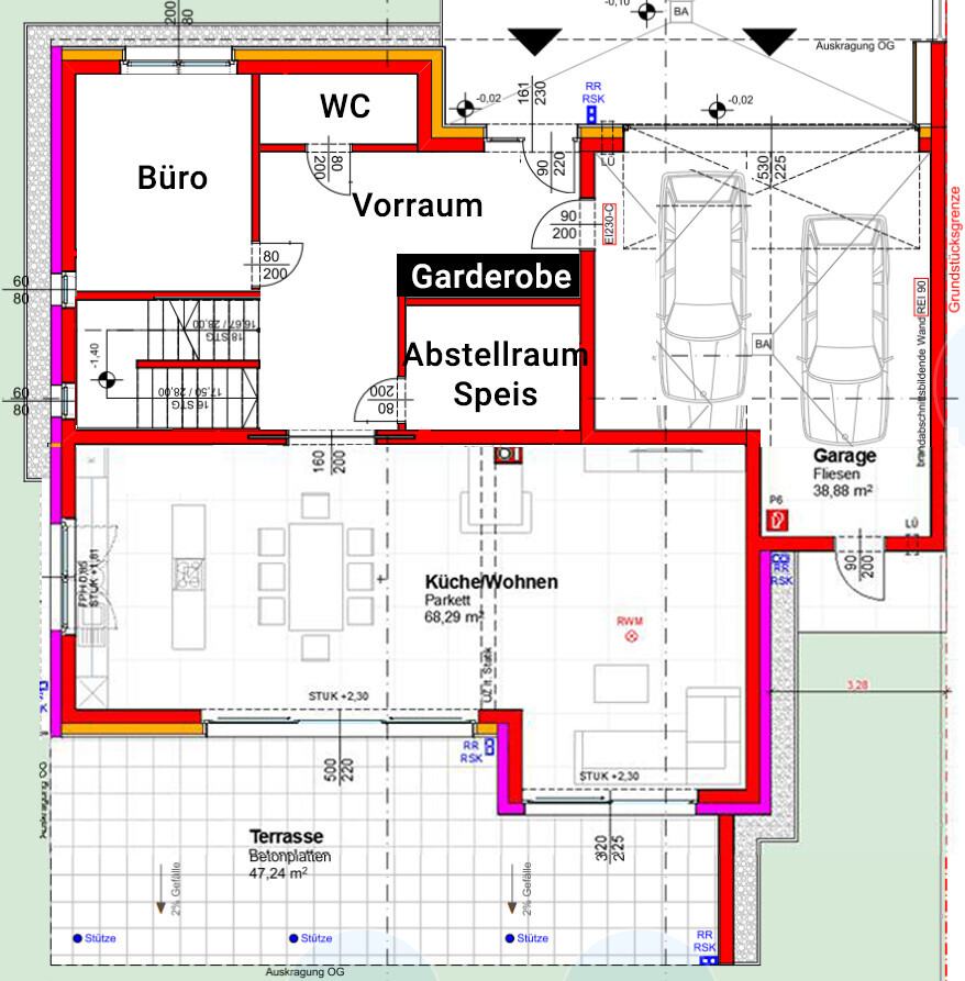 Floor plan of a house with office, kitchen/living area, terrace, and garage