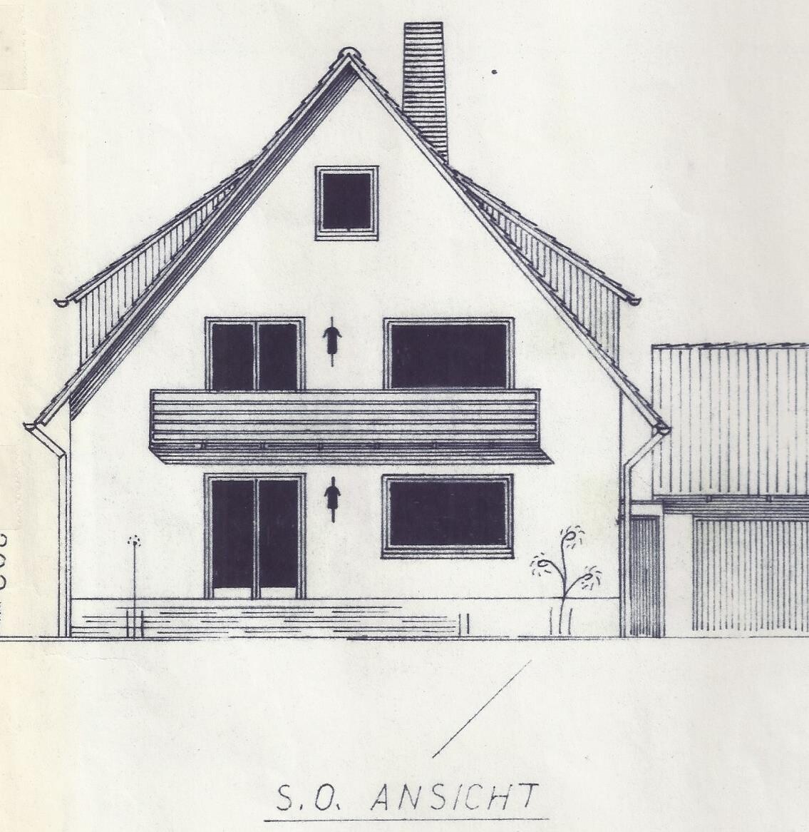 Schematic exterior view of a gable roof house with balcony and terrace