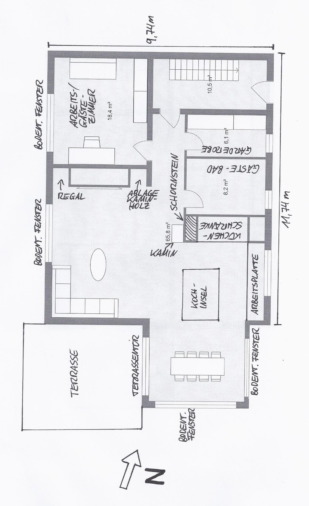 2D floor plan of a house with living room, kitchen, terrace, and entrance area