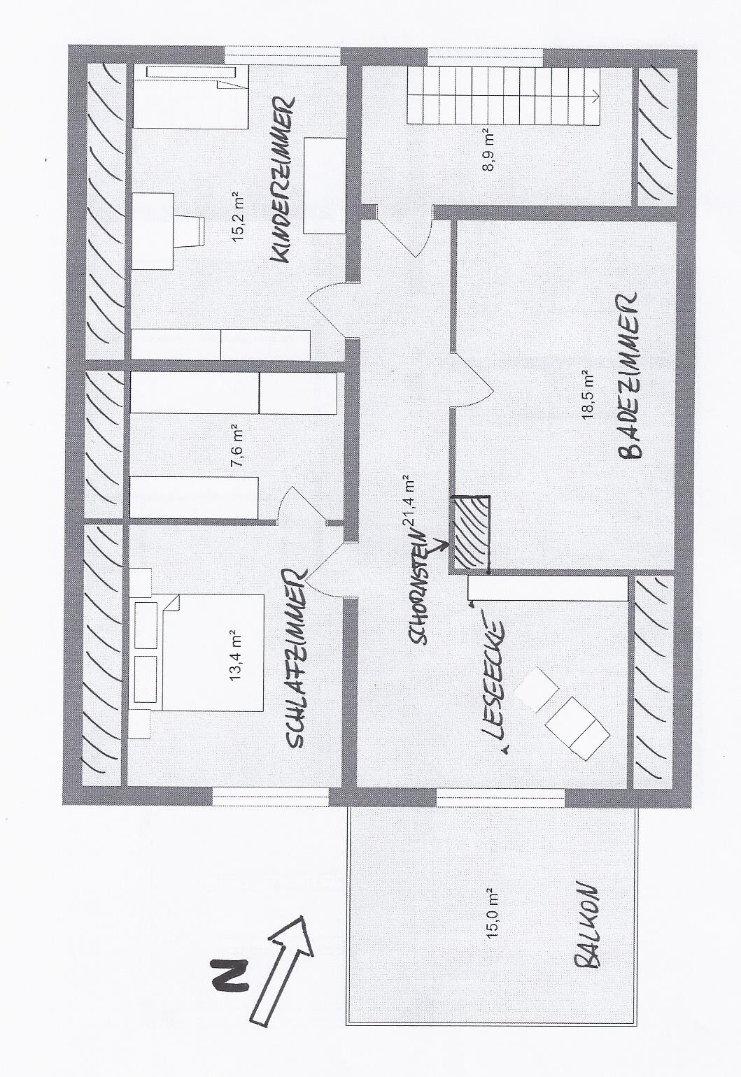 2D house floor plan with bedroom, children’s room, bathroom, reading room, and balcony