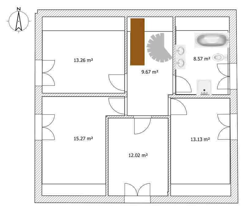 Floor plan of a unit with hallway, stairs, six rooms and bathroom; area in m².