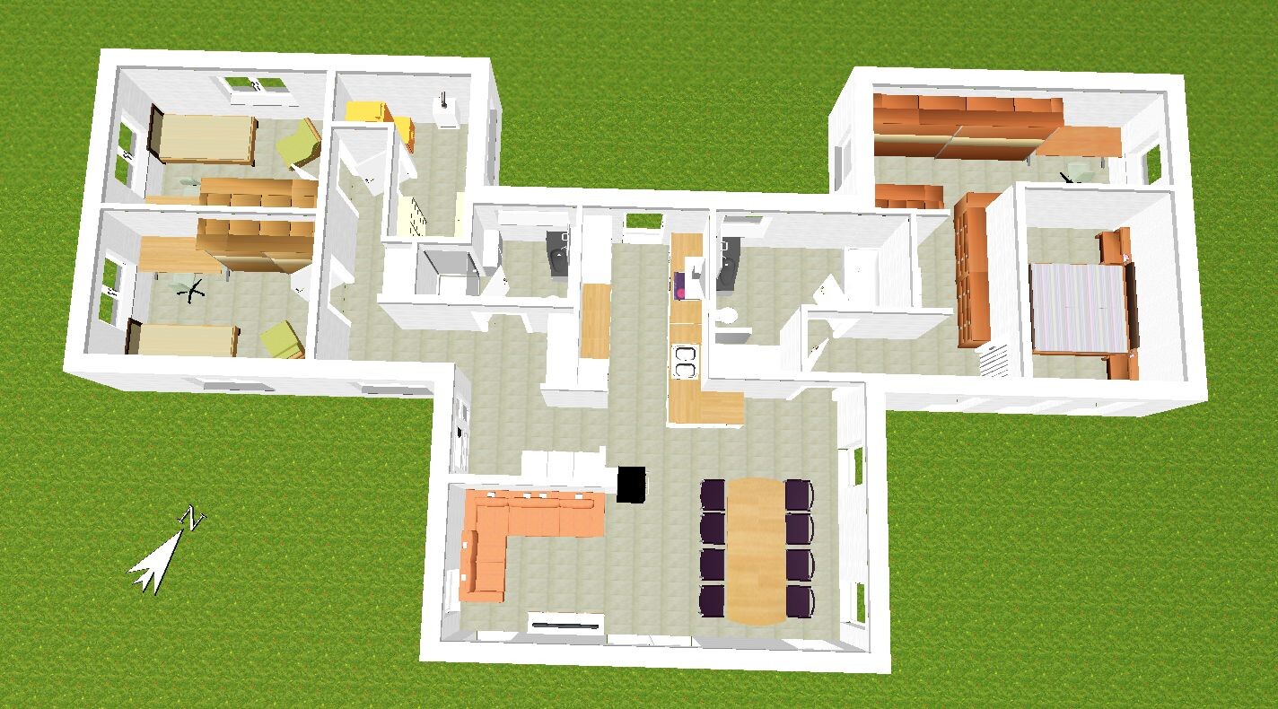 Grundriss eines Hauses von oben: Wohnzimmer, Küche, Essbereich, Schlafzimmer, Flure, Garten.