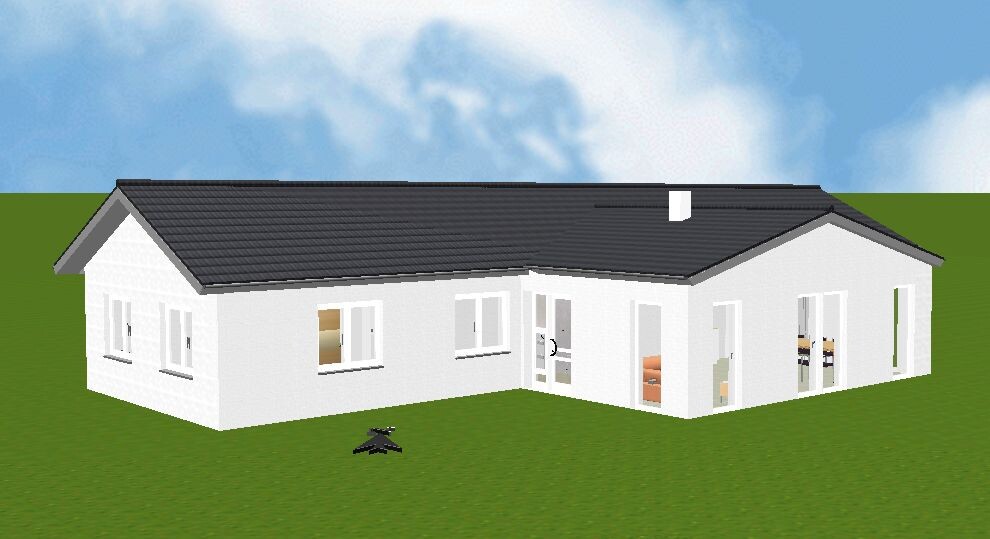 3D-Render eines weißen Einfamilienhauses mit grauem Dach auf grünem Rasen; Fenster zeigen Innenräume.