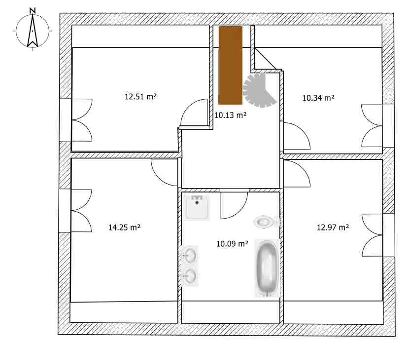 Floor plan of a building section with several rooms, doors, stairwell and area measurements in m².