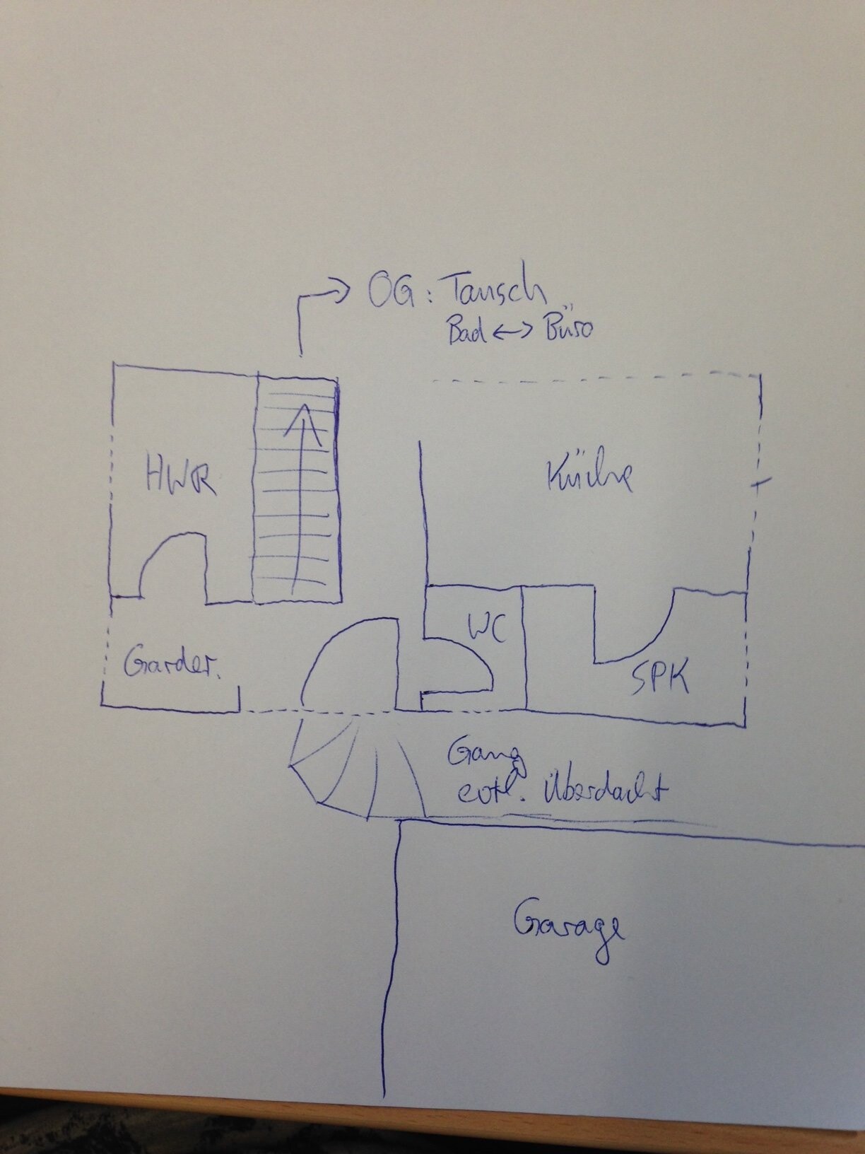 Sketchy floor plan of a house with kitchen, WC, stairs, and garage.