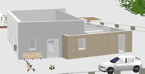New building with gray front, beige wall, door, window, garden bench and car.