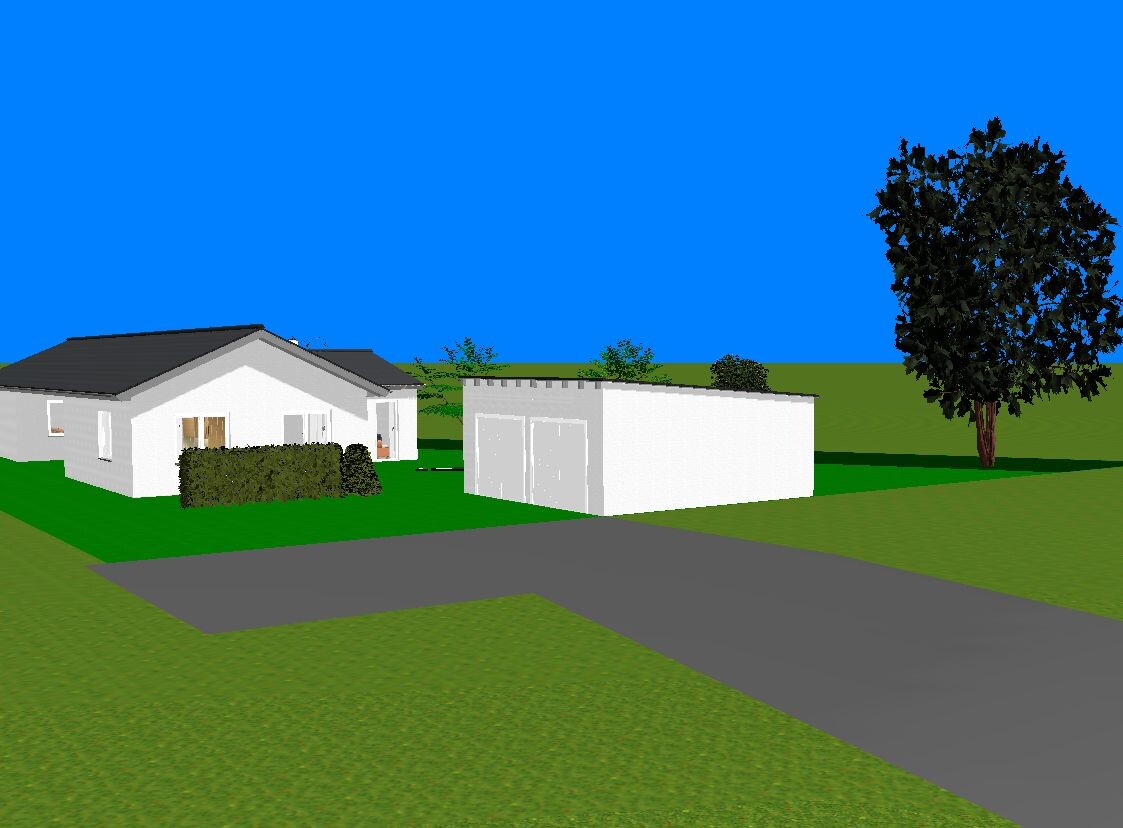 3D visualization of a house with garage, driveway, and garden