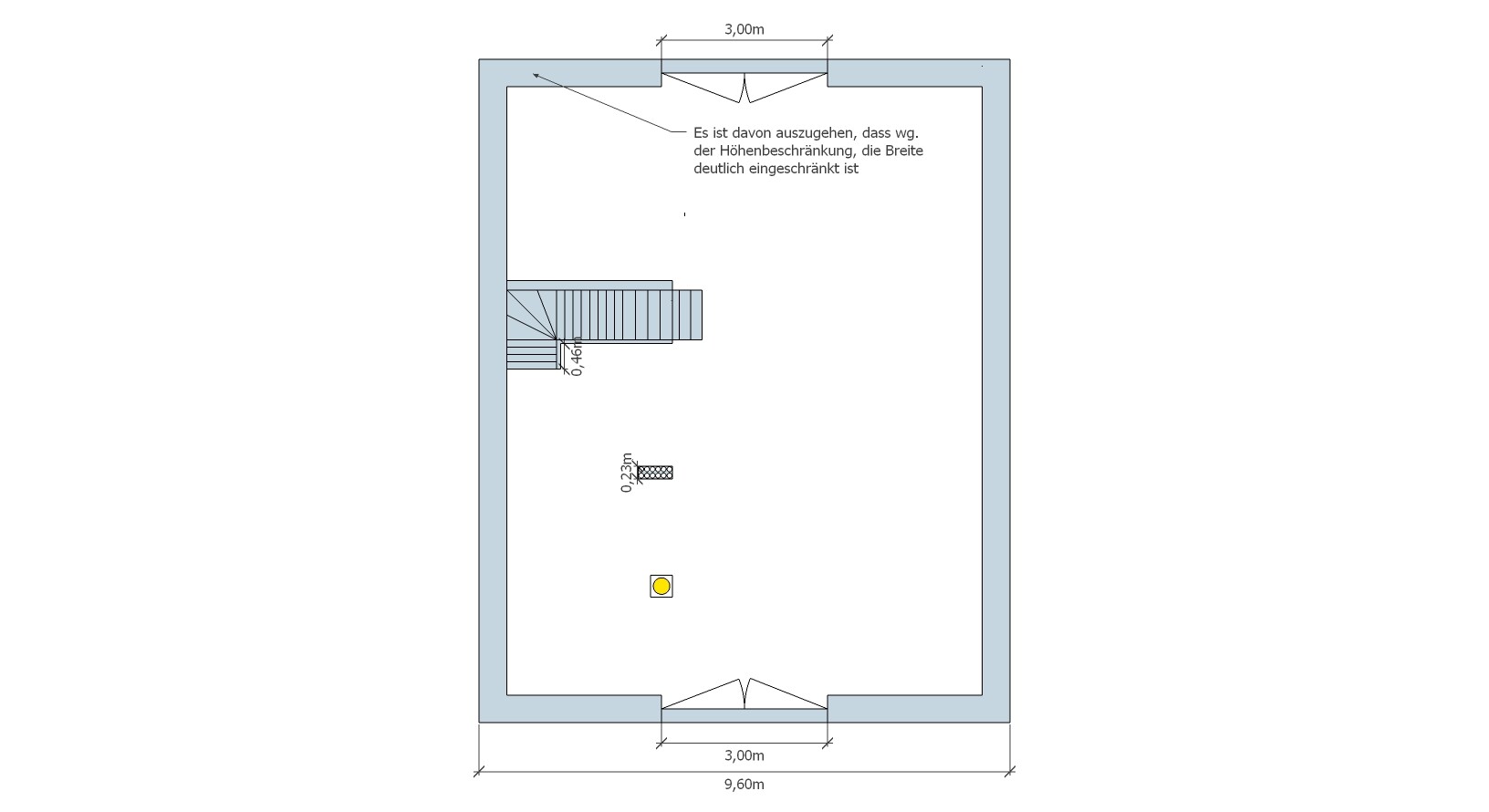 2D floor plan of a building with stairs, entrance area and dimensions