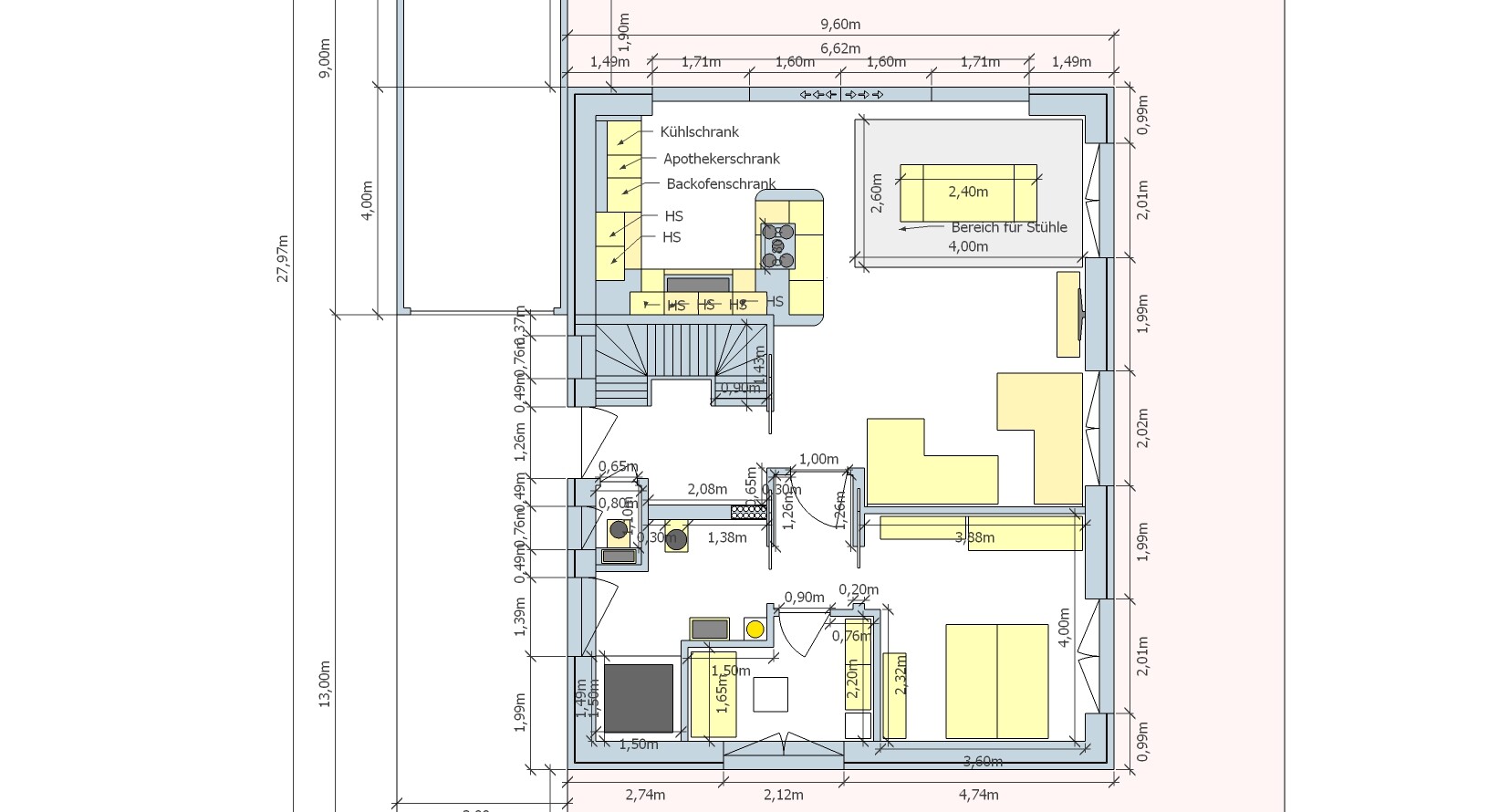 Floor plan of living and kitchen area with island, cupboards, stairs and furniture.