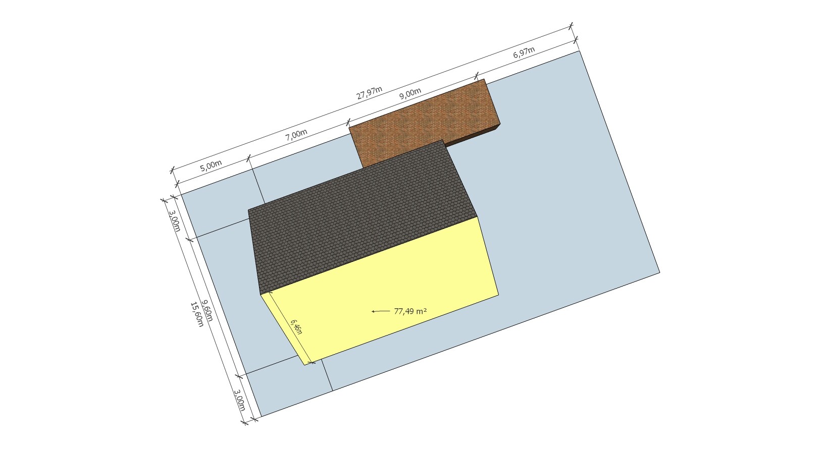 Site plan of a plot with building floor plan, dimensions and colored marking