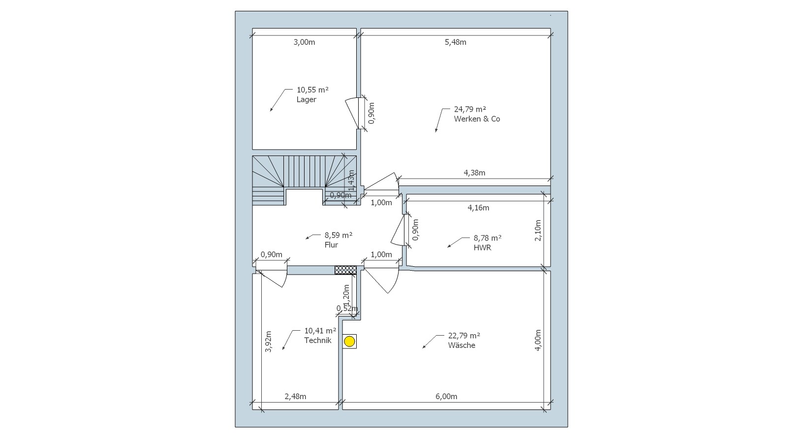 Floor plan of a building section with storage, workshop & co, corridor, utility room, technical room and laundry.
