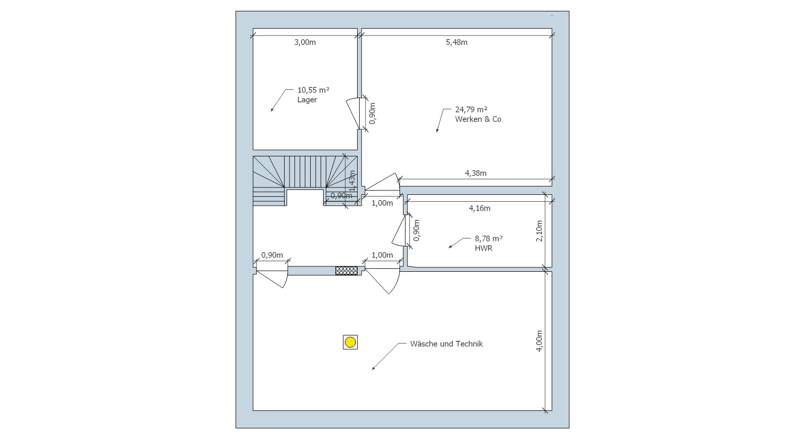 Floor plan of a building section: storage, workshop, utility room and laundry/technical with stairs.