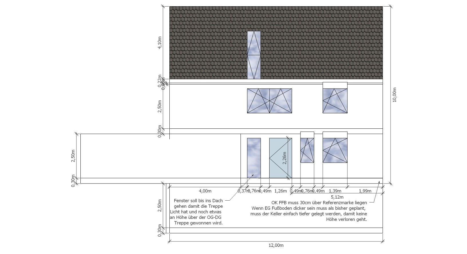 Technical building plan of a house with roof tiles, windows and dimension lines