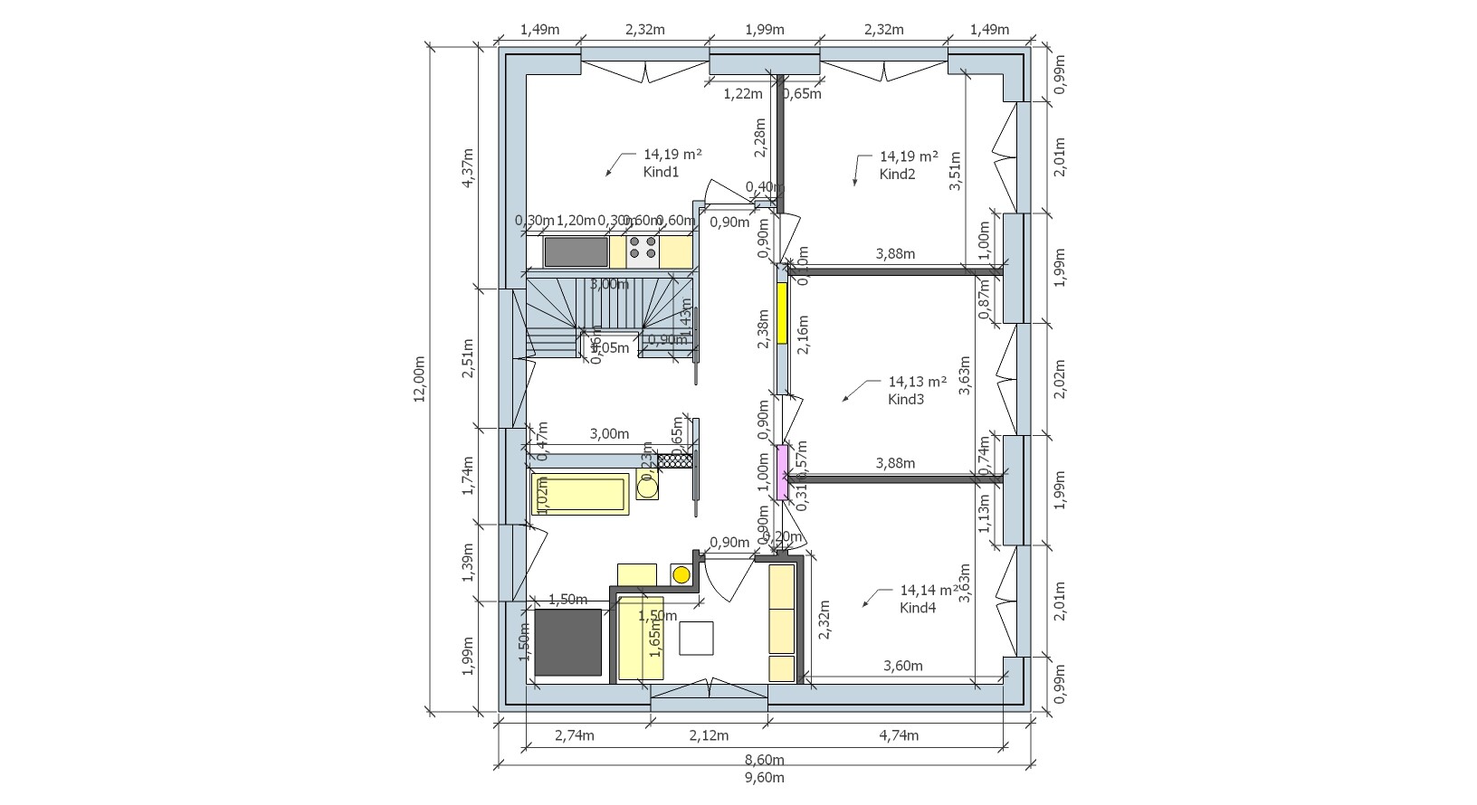Floor plan of a house: kitchen, living room, stairs, 4 children’s rooms (Child1–Child4); dimensions