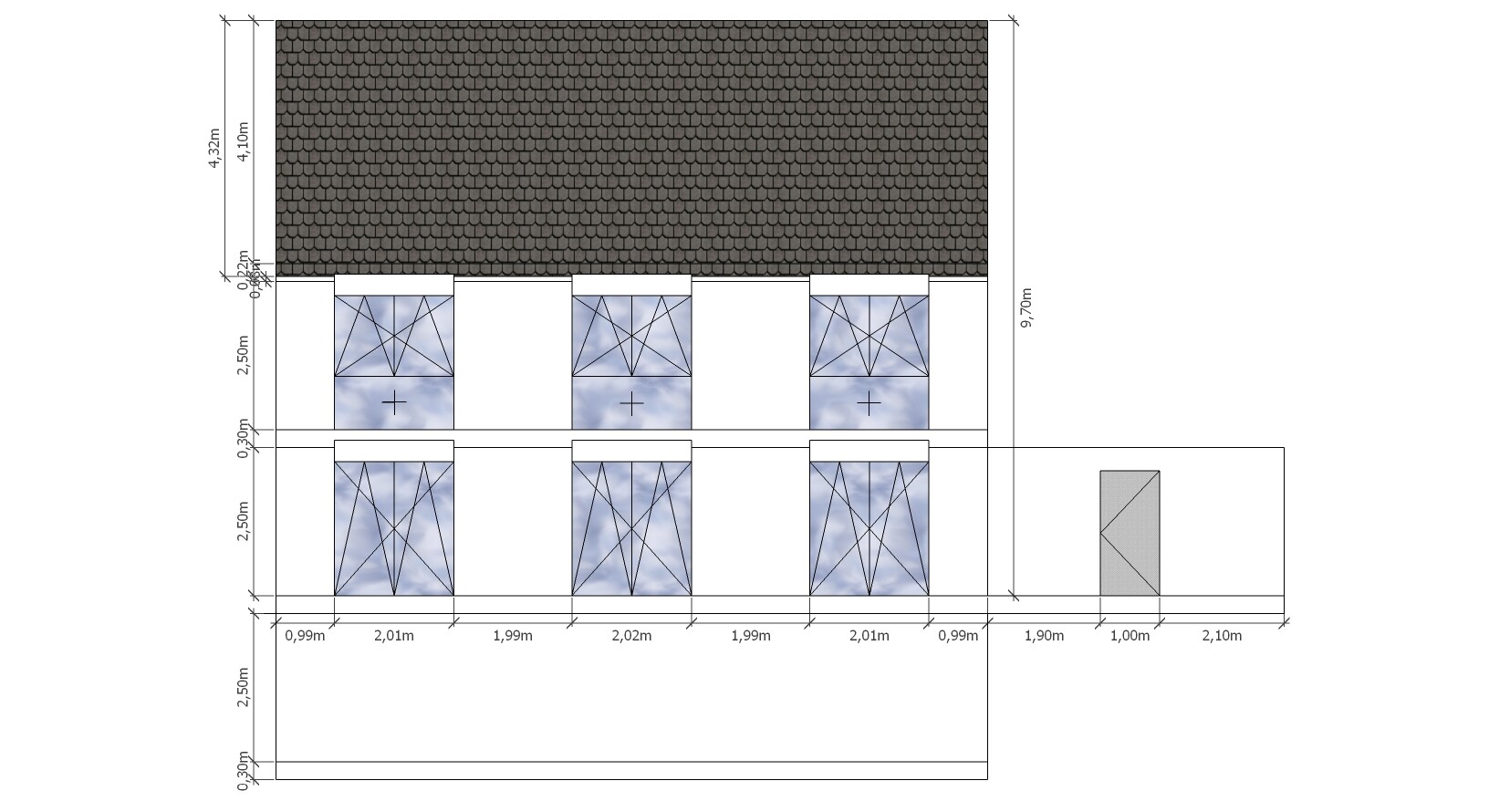 Architectural drawing of a house with tiled roof, facade windows and floor plan lines.