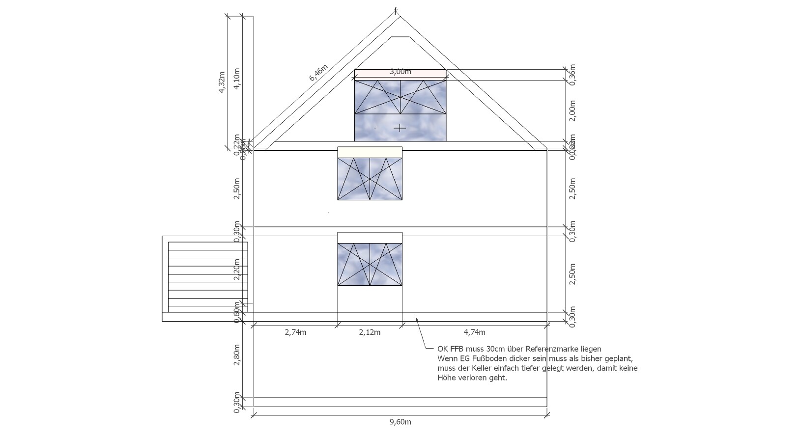 Technical front view of a house with roof, windows and dimensions.