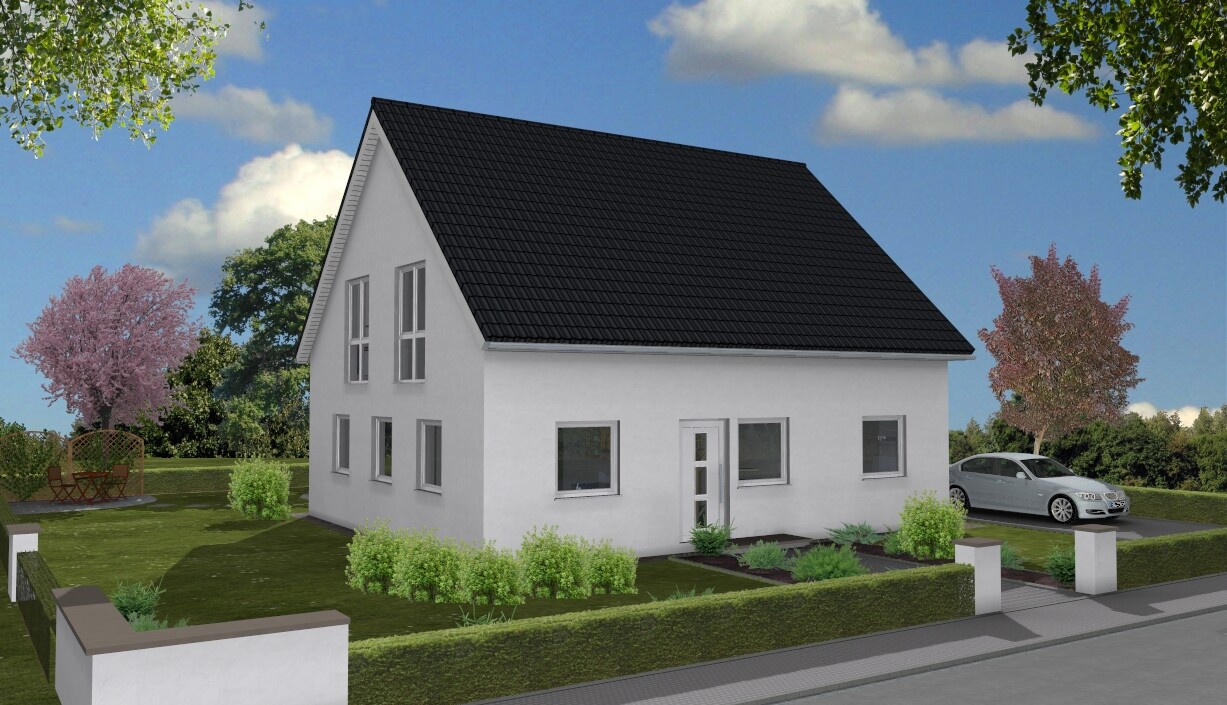 White detached house with black gable roof, garden and parked car.