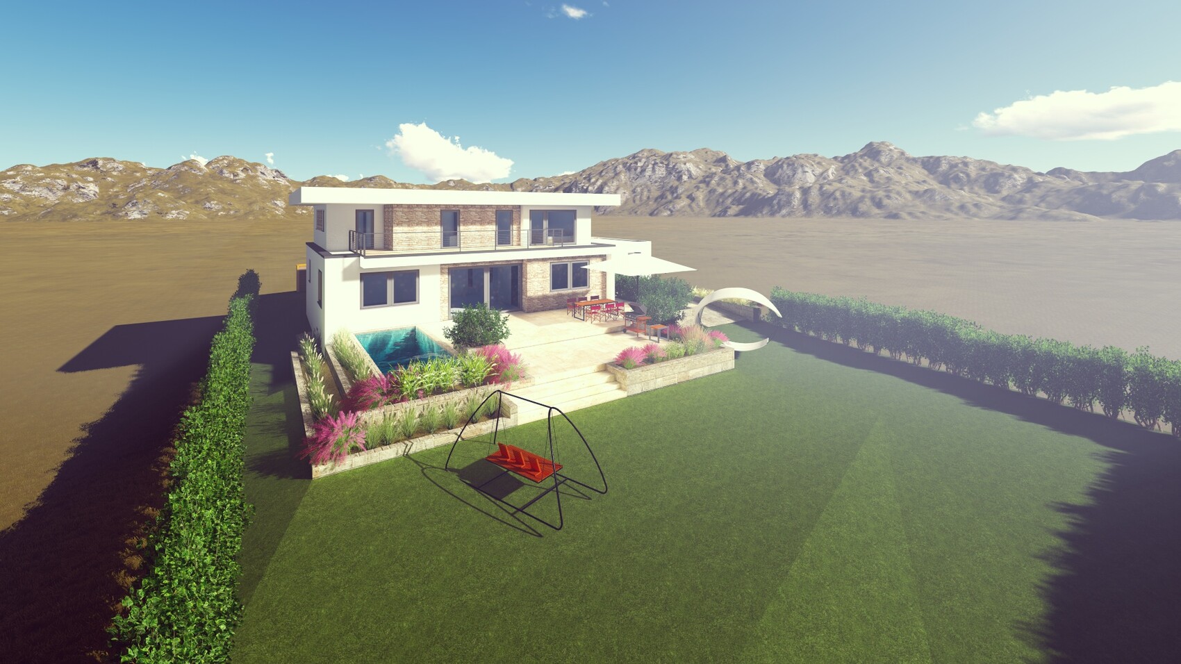 Modern two-story villa with pool, terrace, and red swing in front of mountain landscape.
