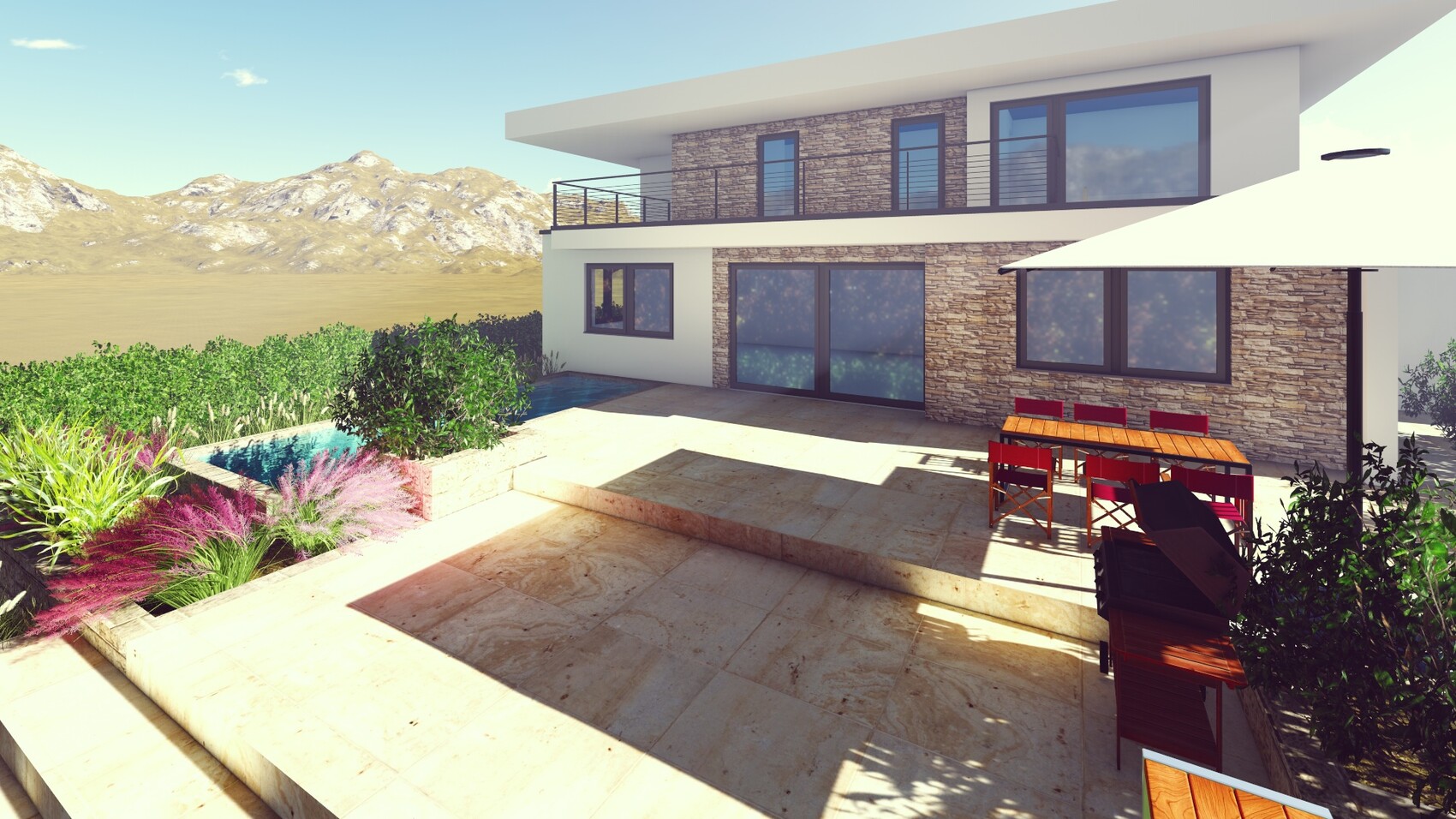 Modern villa with stone façade, terrace, pool, dining table with red chairs, grill, and mountain panorama.