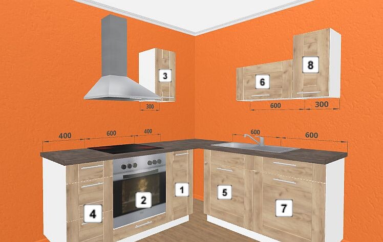 Corner kitchen with wooden cabinets, oven, range hood, and sink in front of orange wall