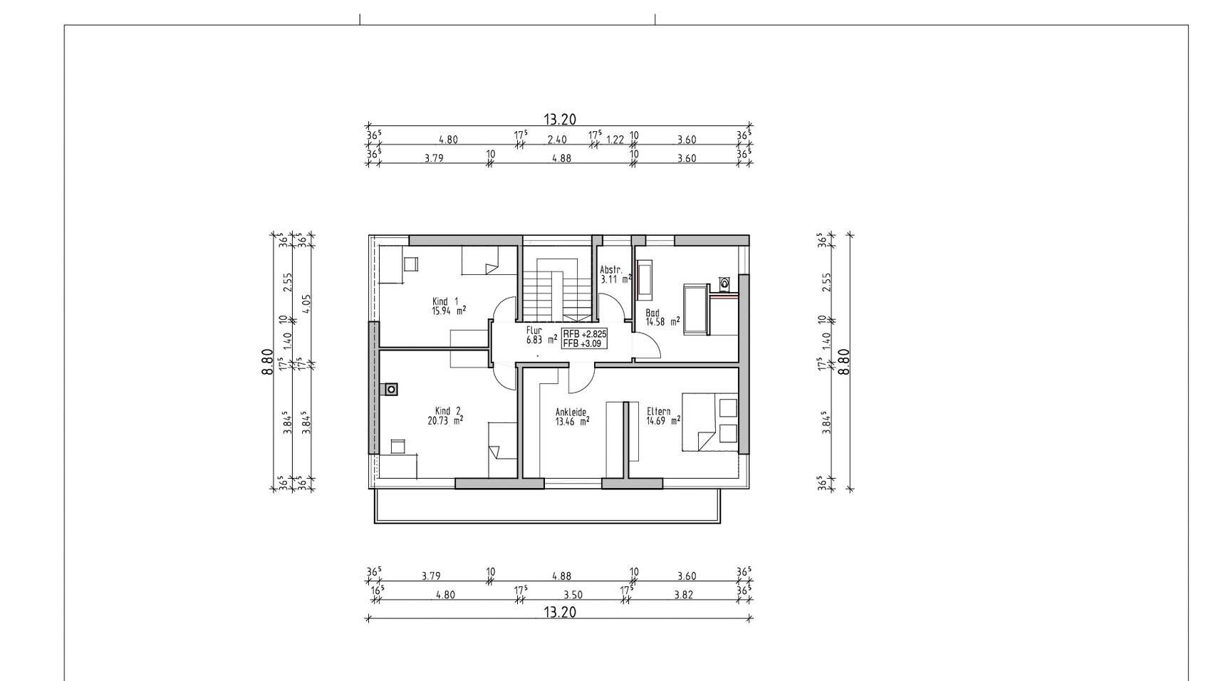 2D floor plan of a house with multiple rooms, hallway, and dimensions