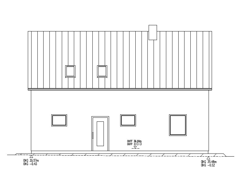 Two-story house with metal roof, two dormers, chimney, door and windows