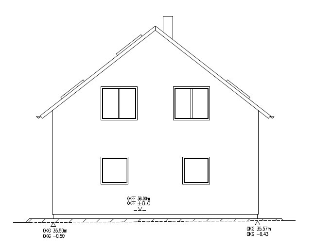 Schematic front view of a two-story house with gabled roof, chimney, and four windows.
