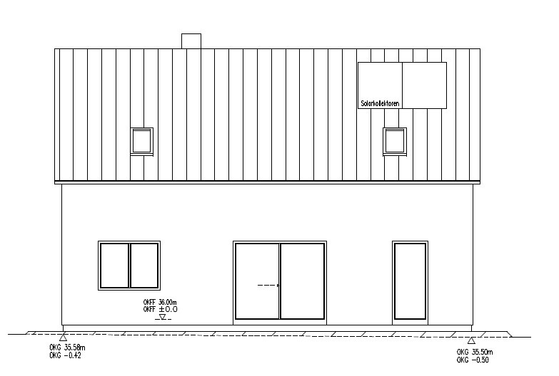 Two-story house with metal roof, solar collectors, front window and glass door in the middle.