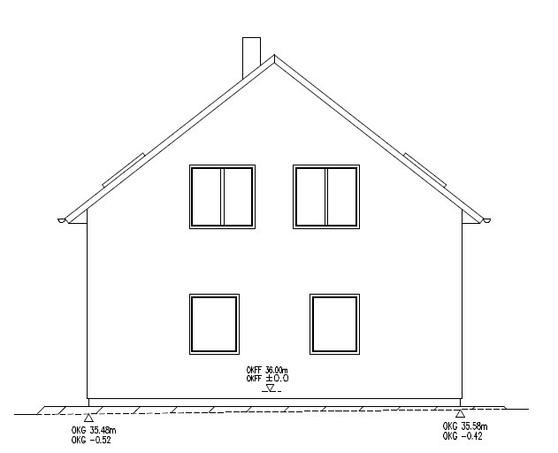Front view of a two-story house with gable roof and four windows.