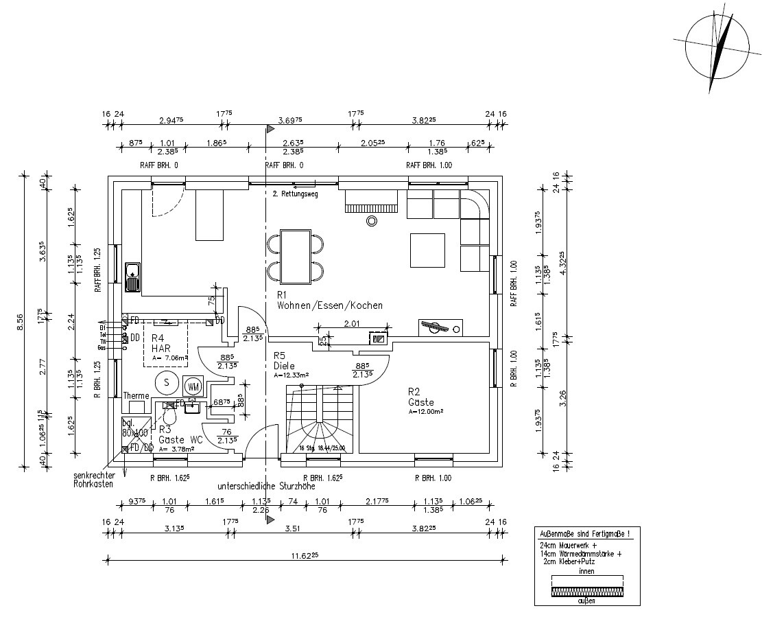 Floor plan of a house: living/dining/kitchen, hallway, guest room, WC, staircase, furniture
