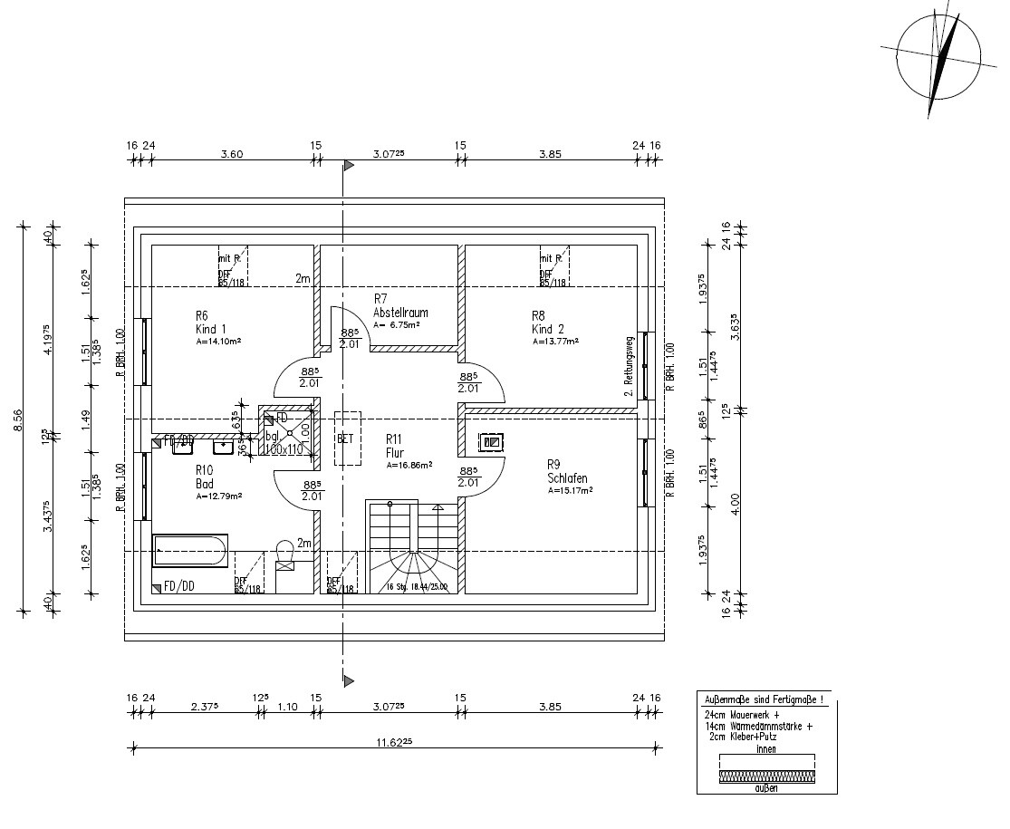 Floor plan of a residential building with hallway, bathroom, bedroom, two children's rooms, storage room, and stairs.