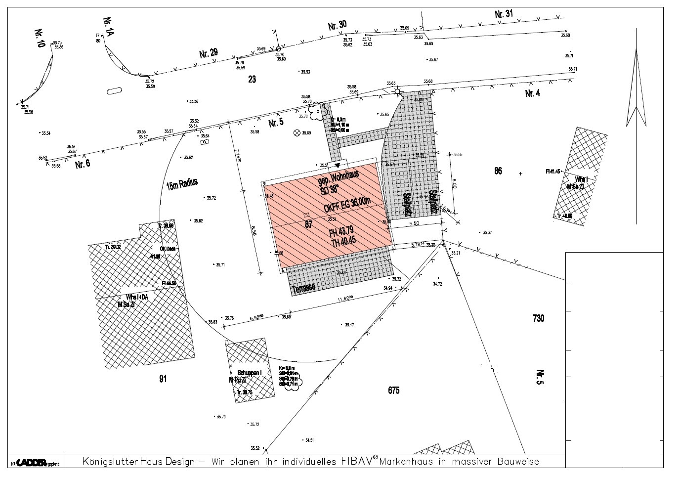 Site plan of a building plot with house, terrace, and dimensions.